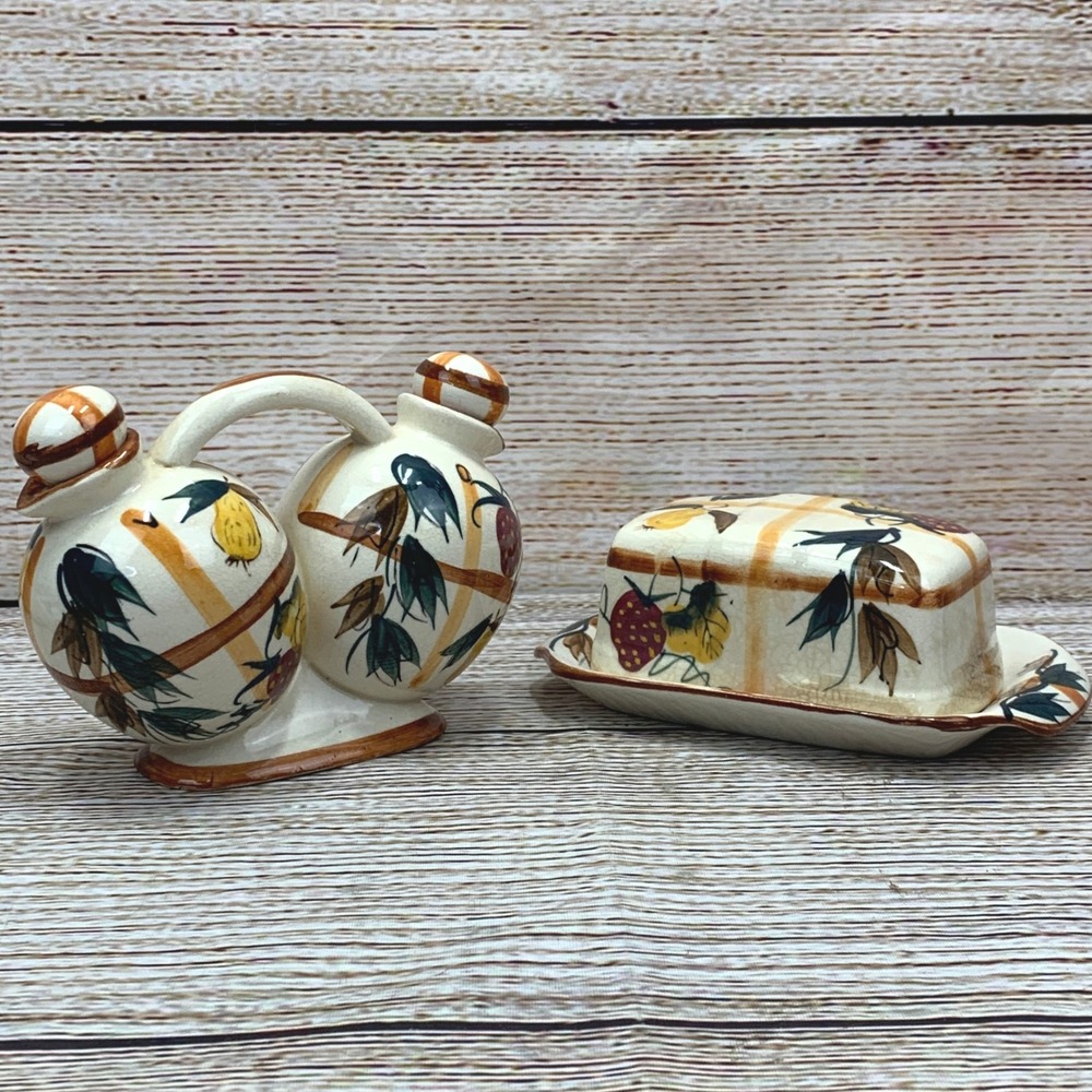 Vintage NASCO‎ Hand Painted Fruit Ceramic Oil Vinegar Butter Dish